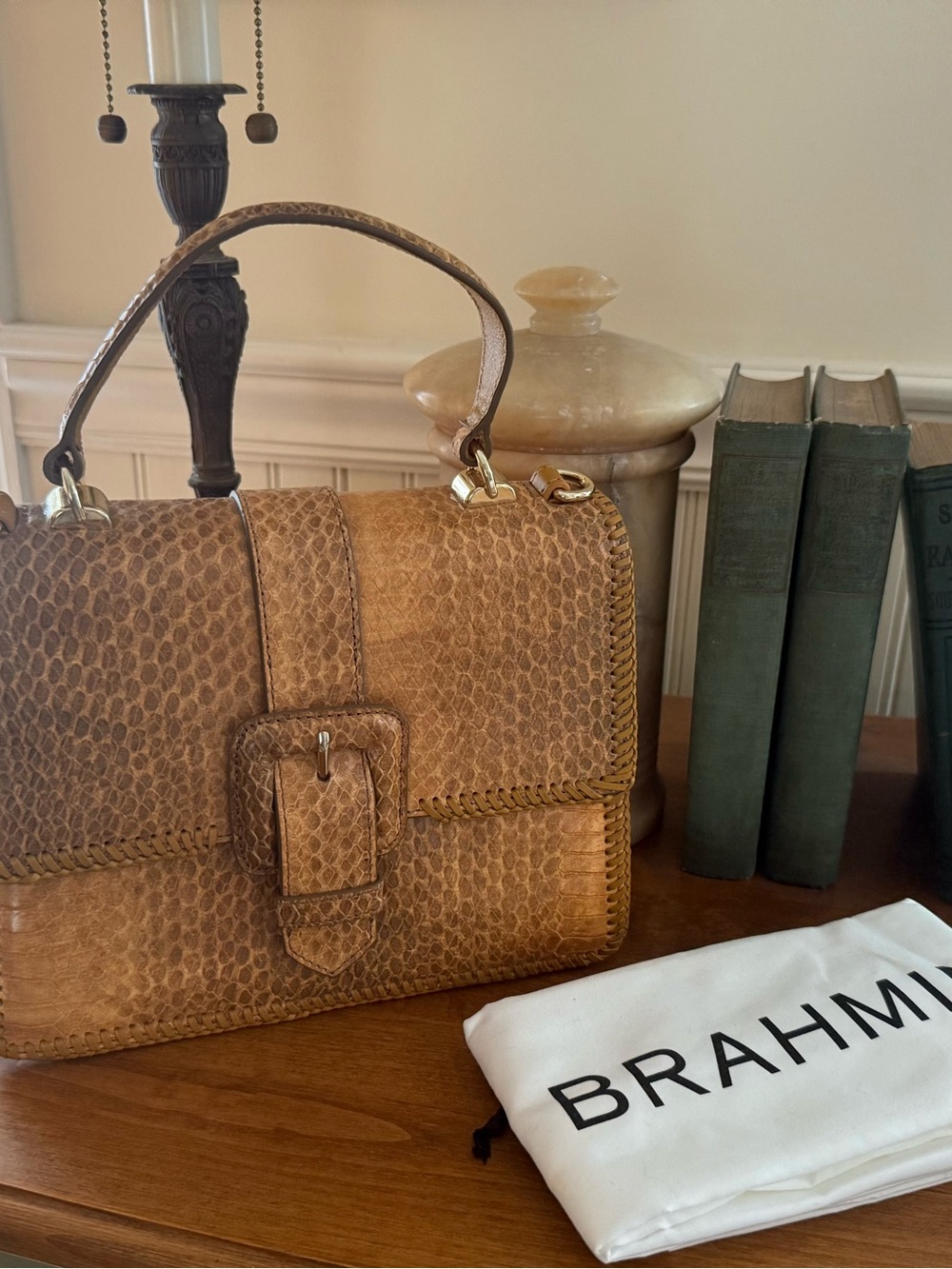 Brahmin mini Francine Cognac Textured Leather Buckle-Front handbag purse